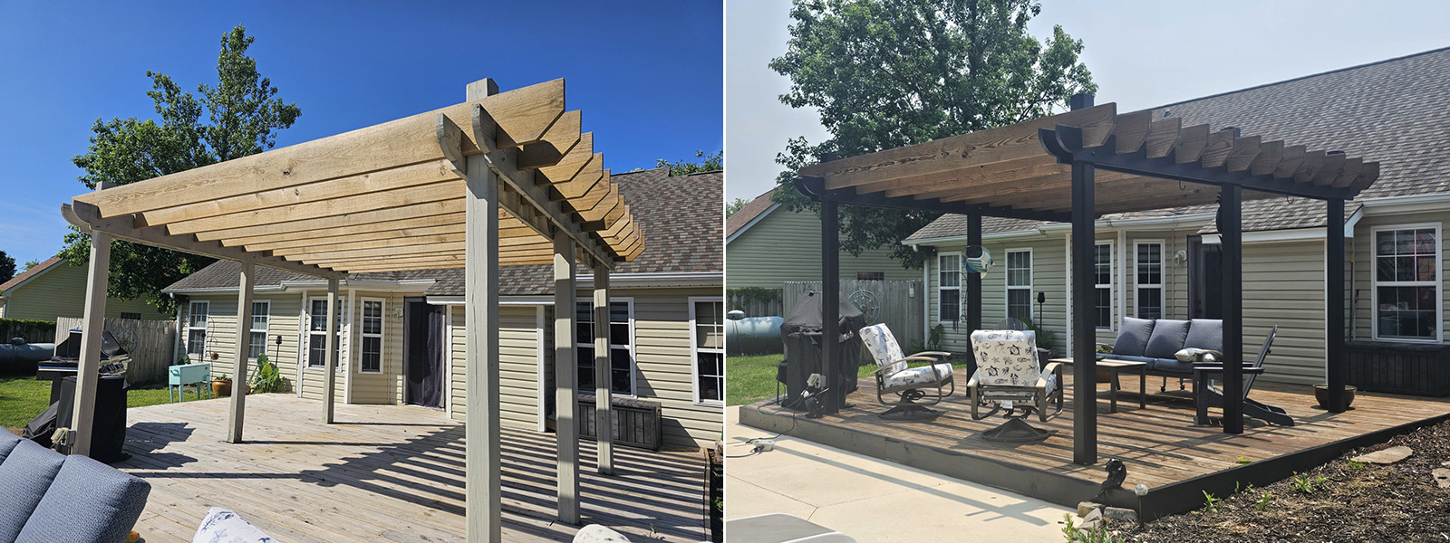 Freshly built wooden pergola before and after staining into a dark finish on a backyard deck.