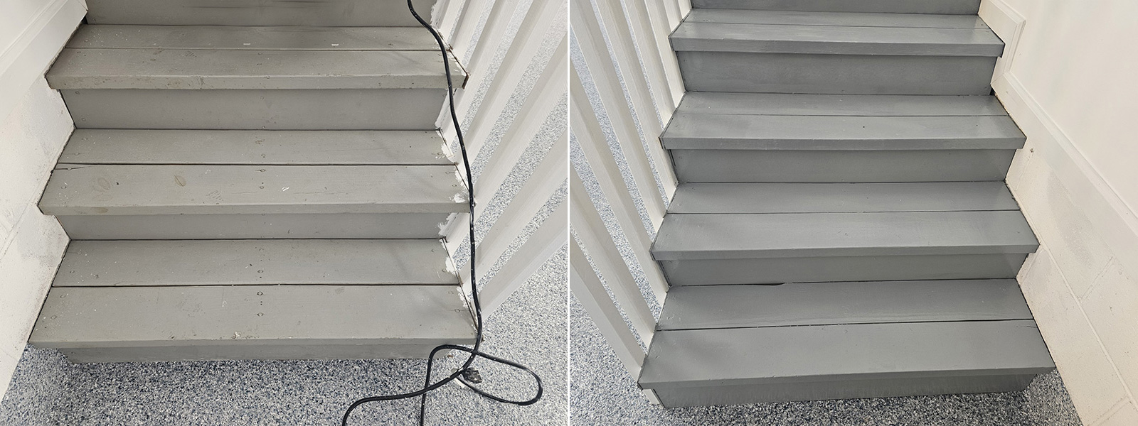 Indoor staircase before and after JBG Painting’s gray refinishing service.