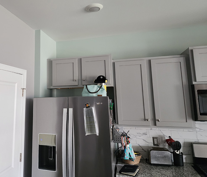 JBG Painting detail of upper cabinets above stainless steel fridge, showing smooth finish in gray tones.