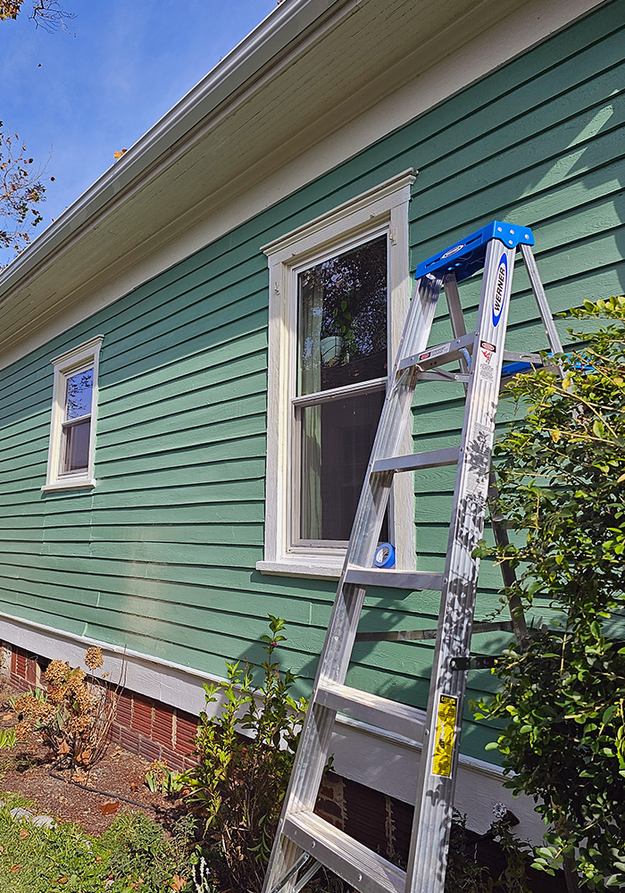 Ladder set up for residential exterior painting – JBG Painting prep work