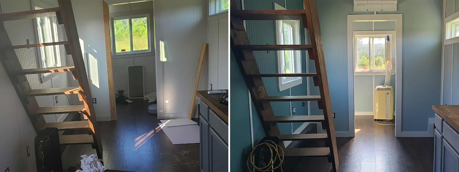 A side-by-side view of a small loft interior, showing walls refreshed from plain white to a stylish light blue finish.