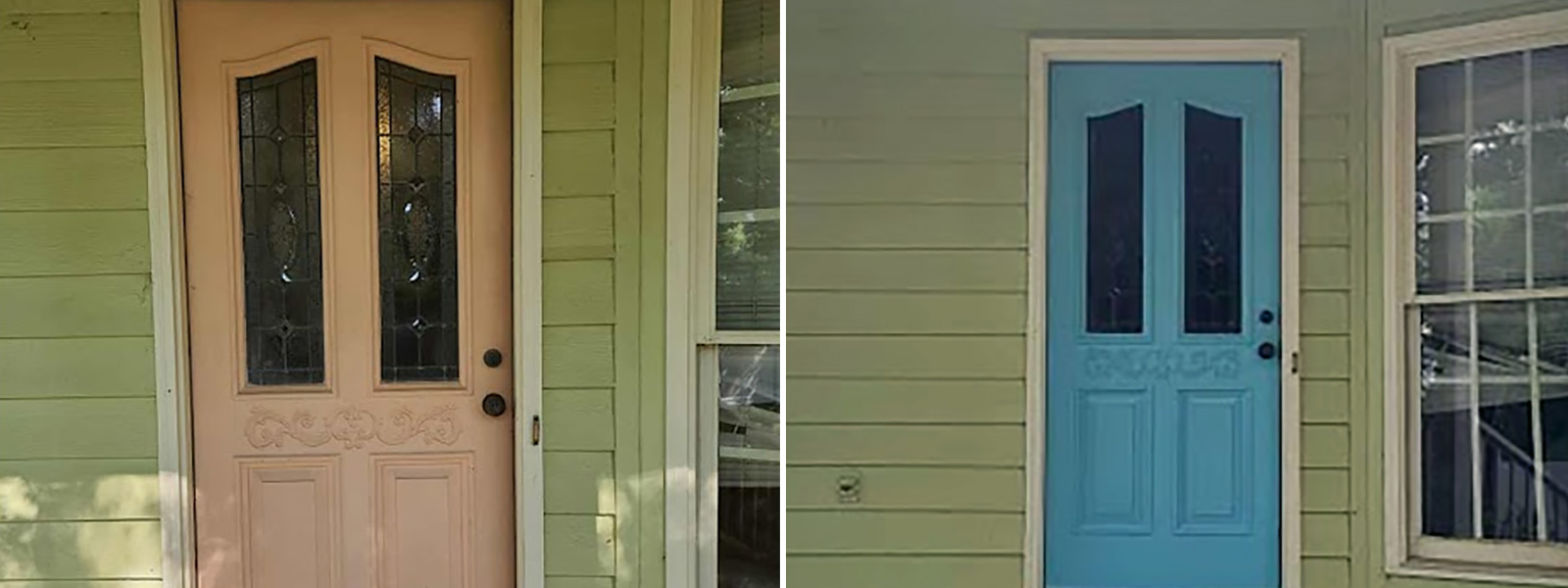 A before-and-after photo of a front door makeover, changing from a faded peach color to a bold, modern blue.