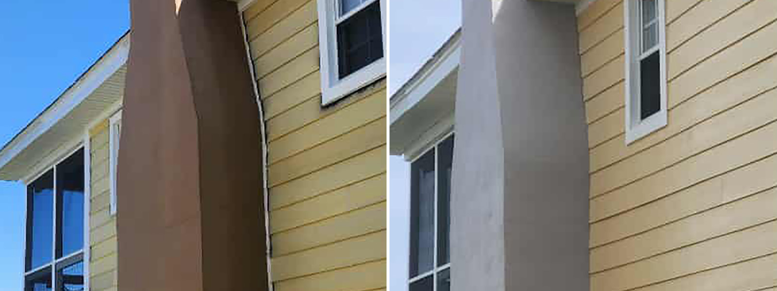 A dramatic transformation of a home’s chimney, going from dark brown and weathered to a clean, bright neutral finish.