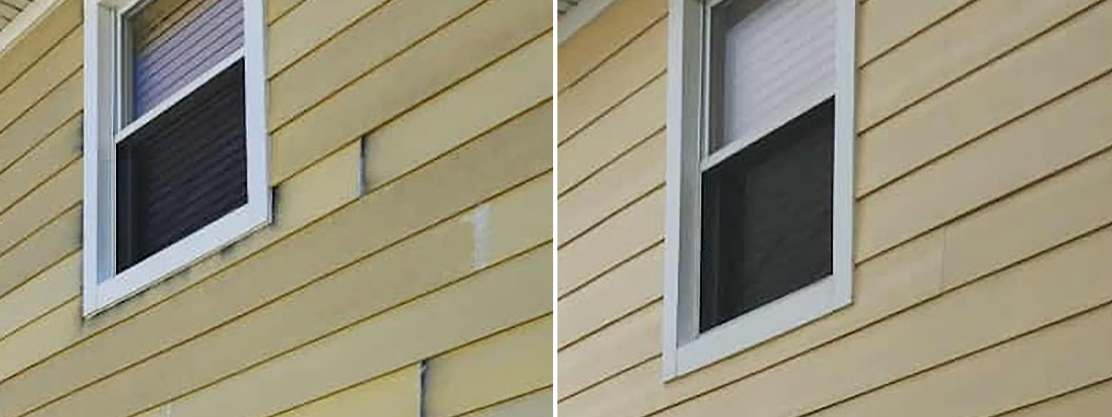 A side-by-side comparison of yellow house siding, showing patched and discolored boards before and seamless repairs with fresh paint after.